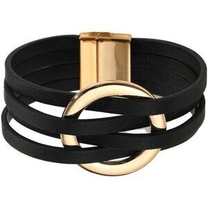 Black Leather Charm Leather Wrap Bracelet Handmade Cuff Bracelets for Women